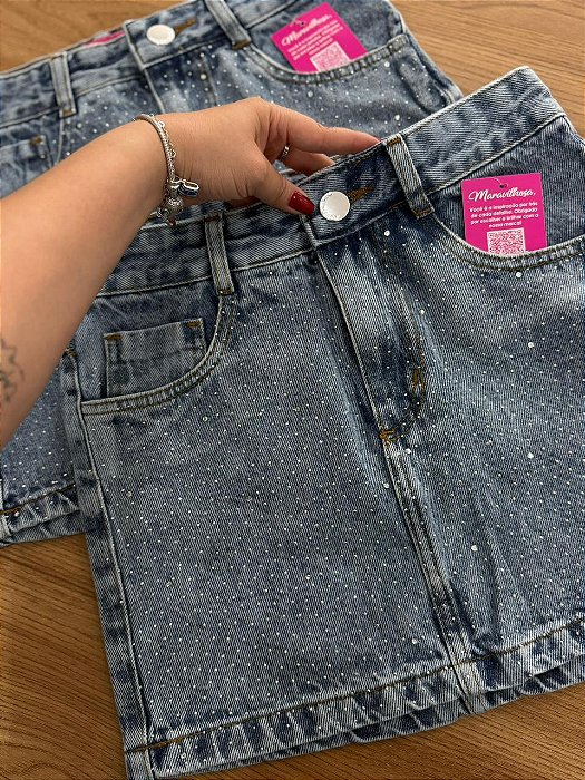 Saia Jeans Marmorizada Cintura Alta Com Barra e Aplicação de Strass | 100% algodão - Sem Elastano