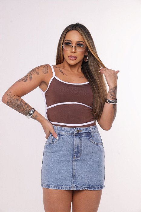 Saia Jeans Marmorizada Cintura Alta Com Barra  | Curta | 100% algodão - sem elastano
