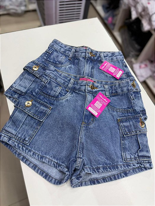 Short Jeans Cargo Feminino Marmorizado com Botões – Cós Alto | 100% Algodão (Sem Elastano)