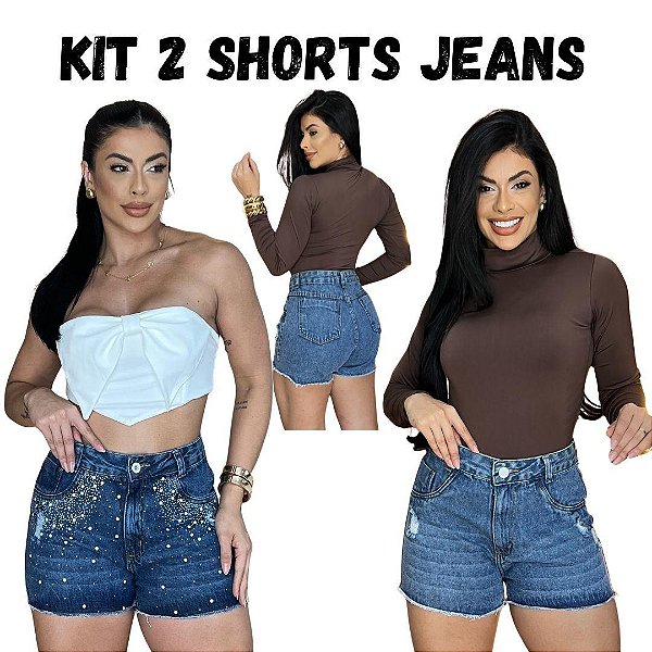 Kit Com 2 Shorts Jeans Feminino Cintura Alta Lavagem Azul Com Barra Chuleada Com e Sem Strass |100% Algodão|Sem Elastano