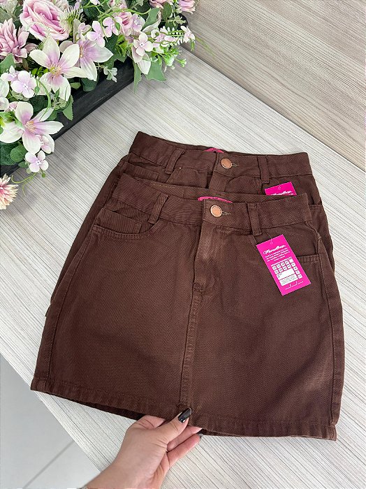 Saia Jeans Feminina Básica Marrom Cintura Alta Com Barra - Sem Elastano
