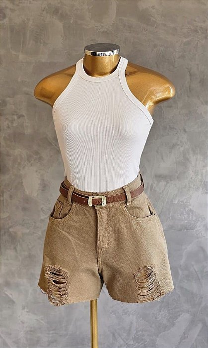 Bermuda Jeans Feminina Cintura Alta Lavagem Verde Caqui Com Detalhe Destroyed - Sem Elastano