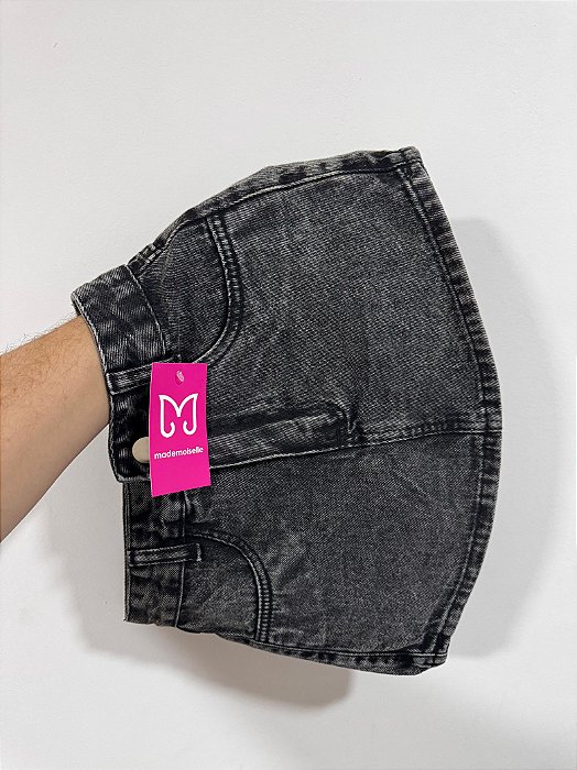 Short Saia Preto Estonado Casual | Jeans Feminino | Cintura Alta 100% Algodão - Sem Elastano Moda Verão