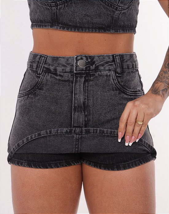 Short Saia Preto Estonado Casual | Jeans Feminino | Cintura Alta 100% Algodão - Sem Elastano Moda Verão
