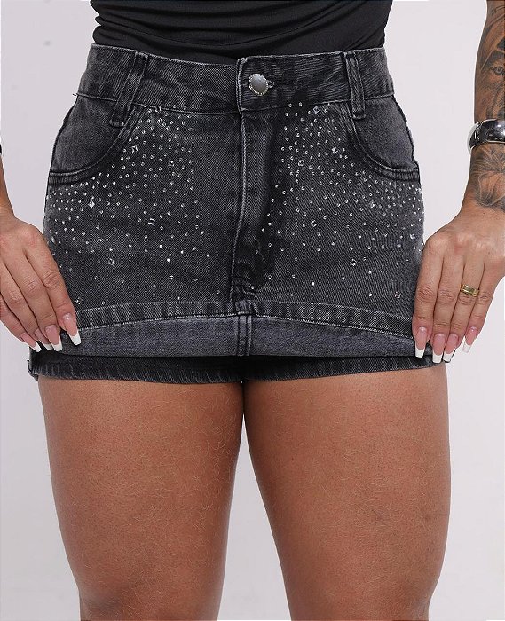 Short Saia Preto Estonado Com Strass / Brilho Feminino Cintura Alta - Sem Elastano 100% Algodão