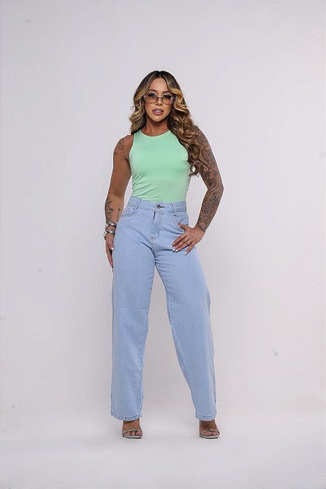 Calça Jeans Feminina Wide Leg Cintura Alta Lavagem Azul Claro | Sem Elastano 100% algodão