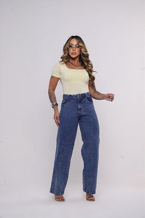 Calça Jeans Feminina Wide Leg Cintura Alta Lavagem Marmorizada | Sem Elastano 100% algodão
