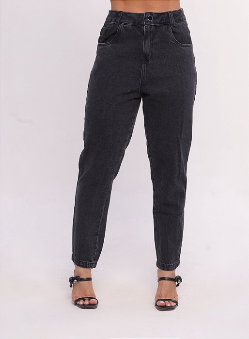Calça Jeans MOM Cintura Alta Básica Lisa Lavagem Preta Estonada | Sem Elastano