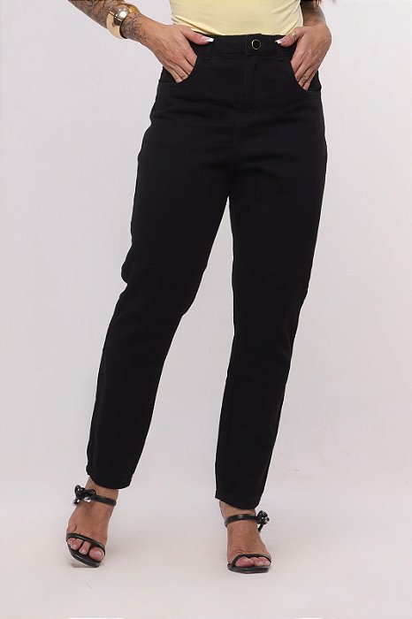 Calça Jeans MOM Cintura Alta Básica Preta Lisa | Sem Elastano
