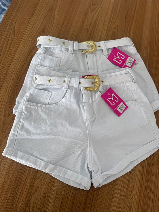 Short Jeans Branco MOM Feminino Com Cinto Cintura Alta - Sem Elastano 100% Algodão