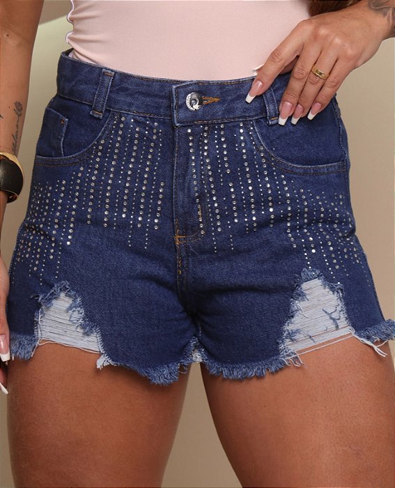 Short Jeans Cintura Alta Feminino Desfiado Com Strass e Destroyed | Lavagem Azul | Sem Elastano