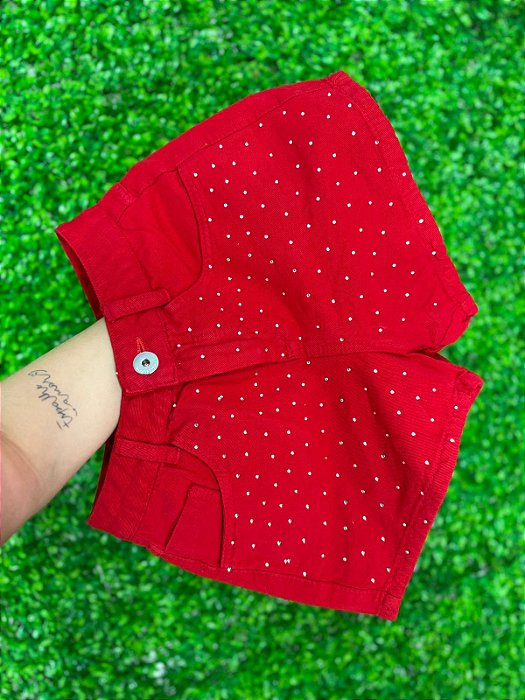 Short Jeans Feminino Vermelho Cintura Alta Com Aplicações- Sem Elastano