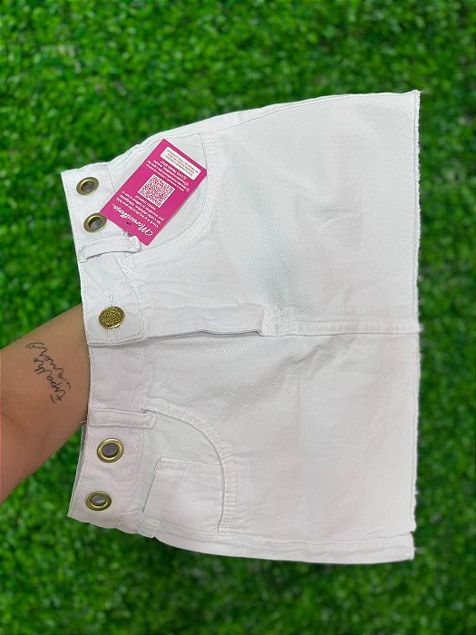 Saia Branca Jeans Feminina Com Detalhe de Ilhós Dourado- 100% Algodão