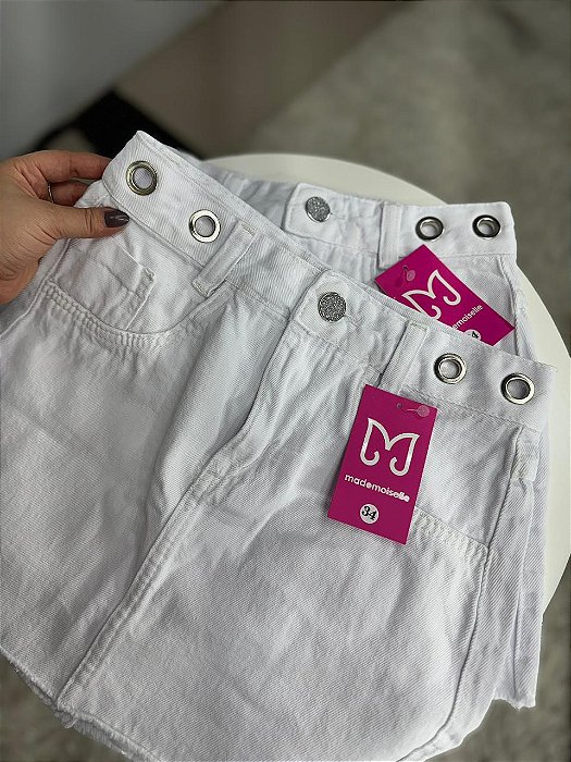 Saia Branca Jeans Feminina Com Detalhe de Ilhós Prata- 100% Algodão