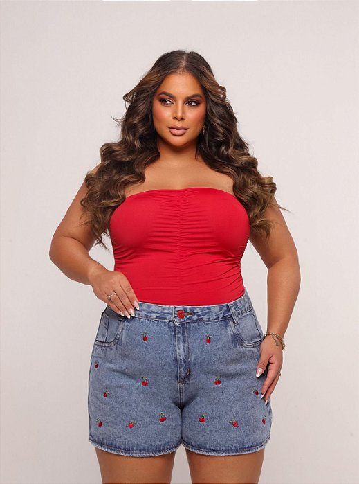 Short Jeans Feminino Plus Size Cintura Alta com Bordado de Cereja- Sem Elastano