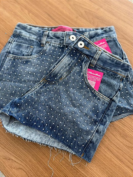 Short Jeans Cintura Alta Feminino Com Barra Recortada e Brilho | Lavagem Marmorizada| Sem Elastano