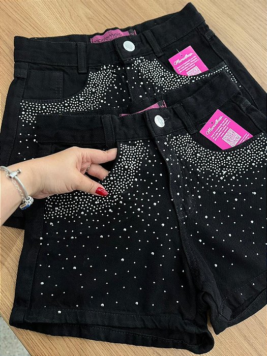 Short Jeans Feminino Cintura Alta MOM Preto com Brilho - Sem Elastano