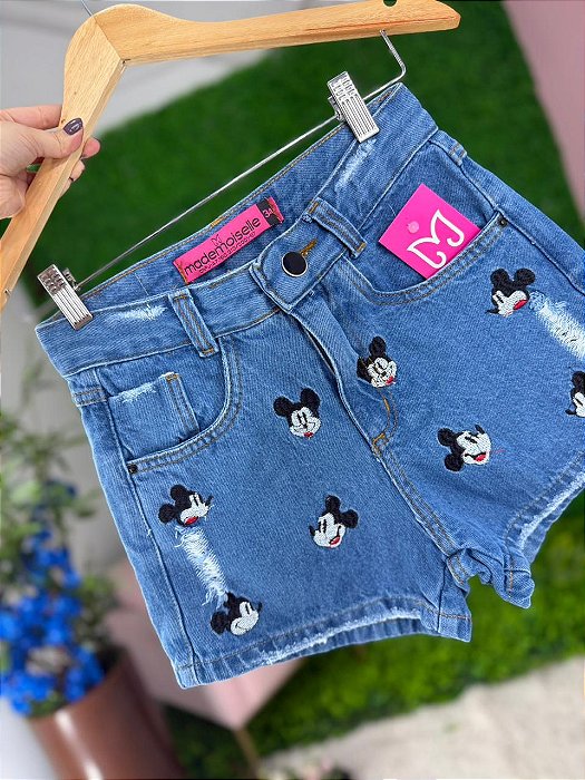 Short Jeans Feminino Cintura Alta Com Desenho Bordado Lavagem Azul - Sem Elastano