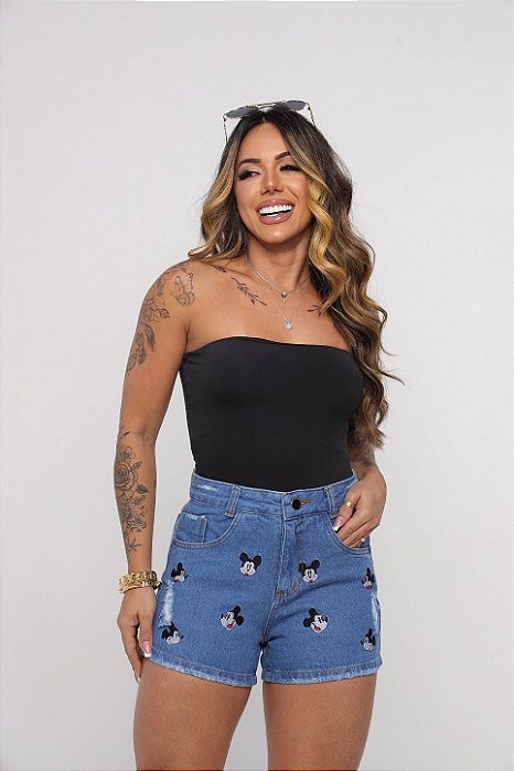 Short Jeans Feminino Cintura Alta Com Desenho Bordado Lavagem Azul - Sem Elastano