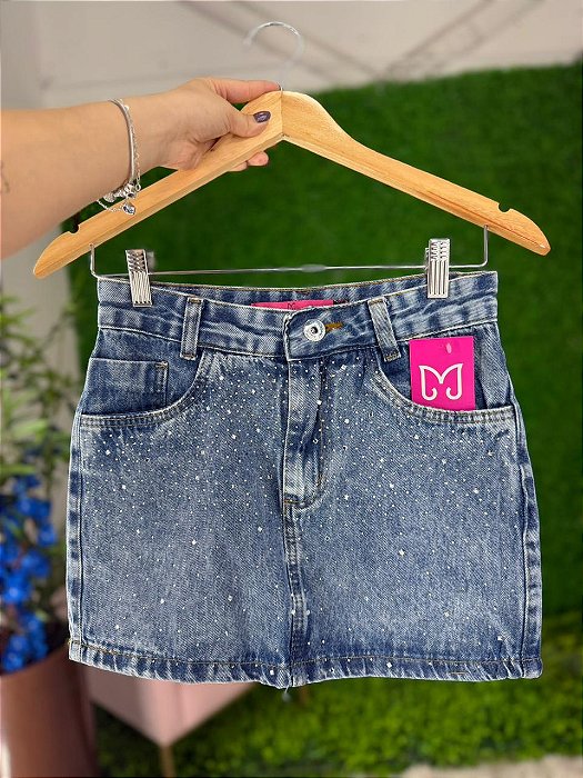 Saia Jeans Feminina Cintura Alta Lavagem Marmorizada Com Barra e Aplicações de Brilho- Sem Elastano