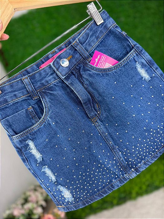 Saia Jeans Feminina Cintura Alta Lavagem Escura Com Brilho - Sem Elastano