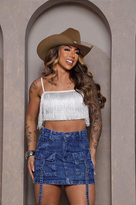 Saia Jeans Cargo Feminina Cintura Alta Lavagem Mamorizada Com Barra e Detalhe de Fivela- 100% Algodão