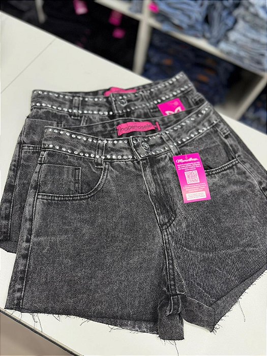 Short Jeans Cintura Alta Feminino Com Barra a Laser e Aplicações No Cós | Lavagem Estonada| Sem Elastano