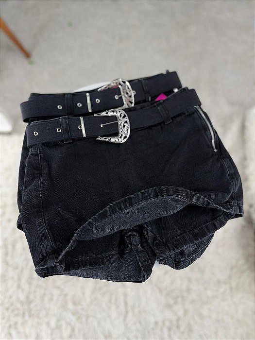 Short Saia Jeans Feminino Cintura Alta Lavagem Estonada Com Cinto | Sem Elastano