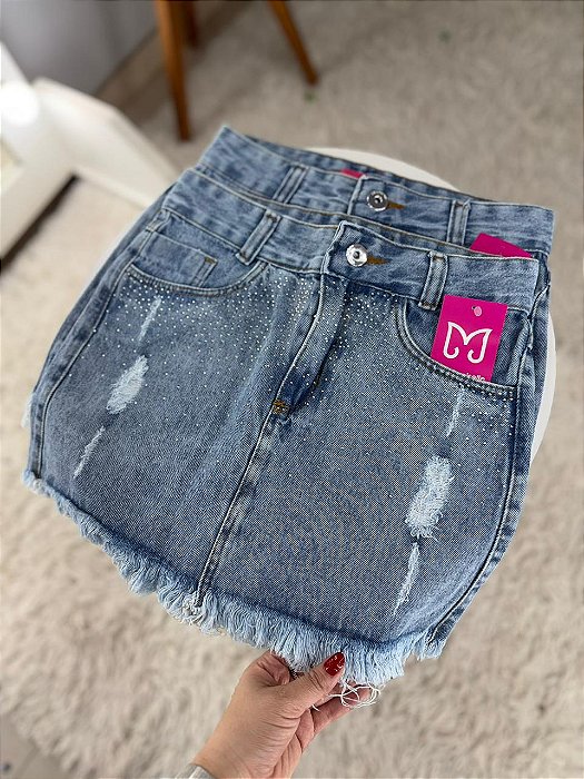 Saia Jeans Feminina Cintura Alta Lavagem Clara Com Barra Desfiada e Brilho - Sem Elastano