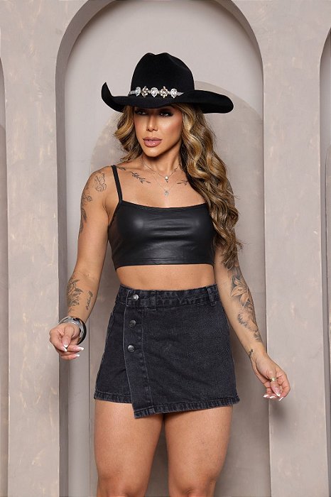 Short Saia Jeans Feminino Cós Alto Lavagem Estonada e Detalhe de Botões- Sem Elastano