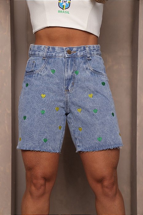 Bermuda Jeans Feminina Cintura Alta Meia Coxa Com Barra A Laser E Bordados Brasil Copa do Mundo- Sem Elastano