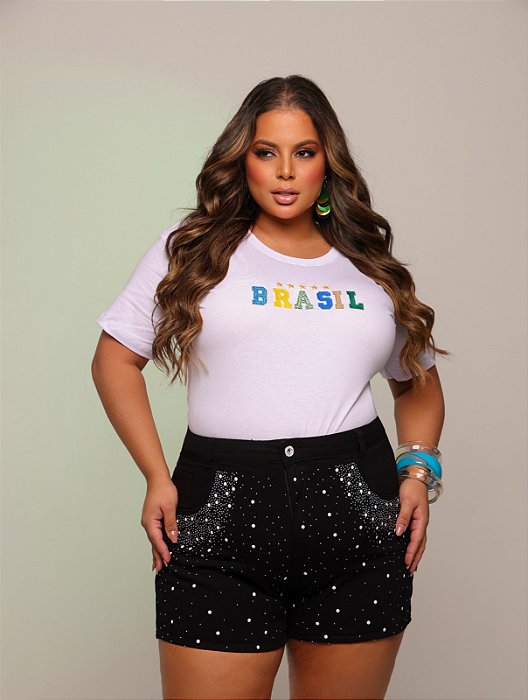 Short Jeans Preto Plus Size Com Cintura Alta Aplicação de Strass e Pedras Brancas | Sem Elastano