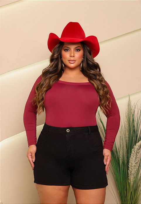 Short Jeans Preto Plus Size Feminino Cintura Alta Com Barra | Botão Dourado | Sem Elastano