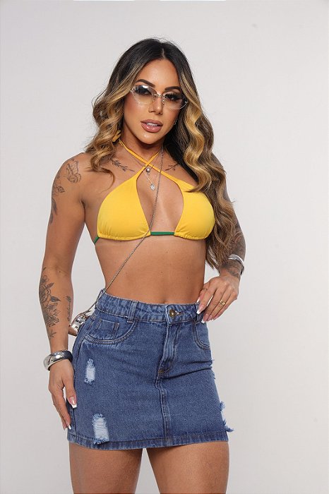 Saia Jeans Feminina Cintura Alta Lavagem Escura Com Barra e Detalhes Destroyeds - Sem Elastano
