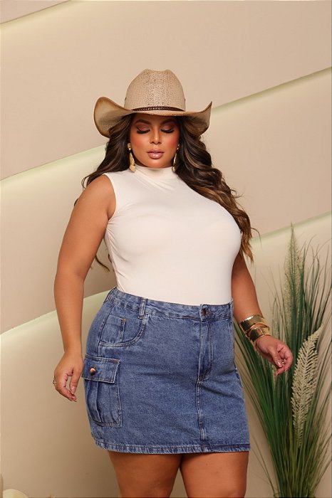 Saia Cargo Jeans Feminina Plus Size Cintura Alta Marmorizada Com Botões - Sem Elastano