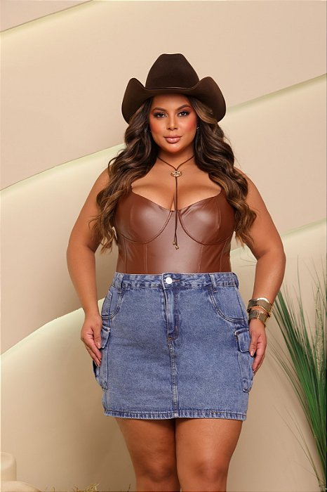 Saia Cargo Jeans Feminina Plus Size Cintura Alta Lavagem Marmorizada | 100% Algodão - Sem Elastano