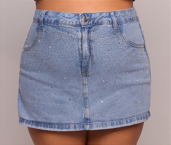 Short Saia Jeans Feminino Plus Size Cintura Alta Com Strass Lavagem Marmorizada - Sem Elastano