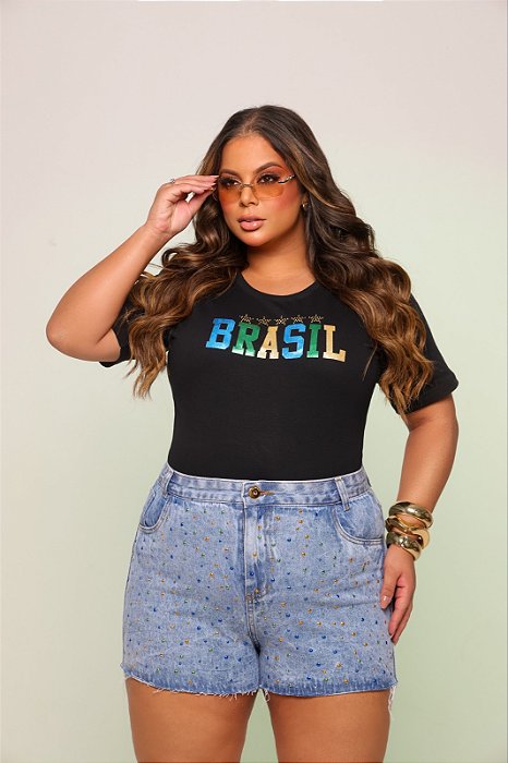 Short Jeans Feminino Plus Size Cintura Alta Barra A Laser Com Aplicações Brasil - Sem Elastano