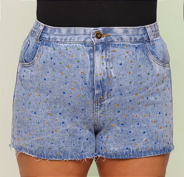 Short Jeans Feminino Plus Size Cintura Alta Barra A Laser Com Aplicações Brasil - Sem Elastano