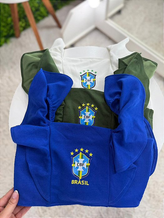 Cropped Scuba Feminino Alça Babado Brasil | Coleção Copa Do Mundo - Tamanho Único