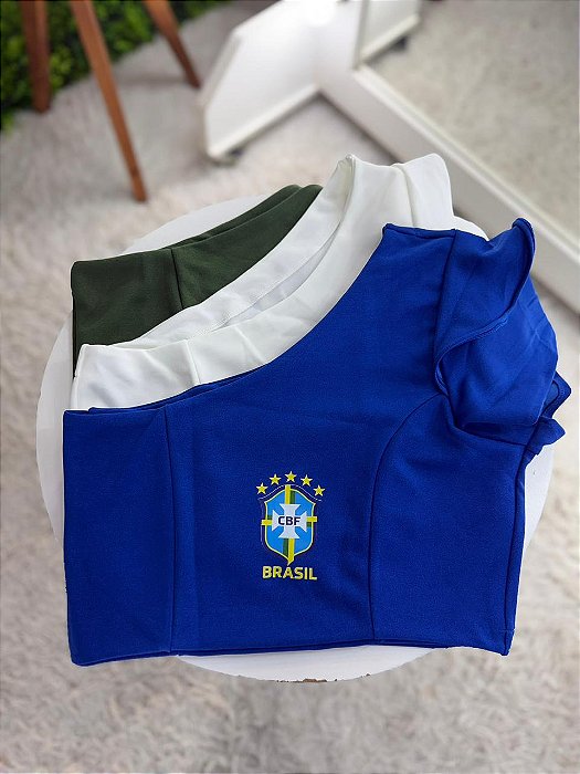 Cropped Scuba Feminino Nula Manga Babado Brasil | Coleção Copa Do Mundo - Tamanho Único