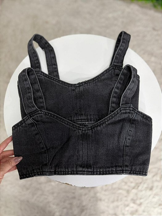 Cropped Jeans Feminino Com Alças E Detalhe Nas Costas Estonado