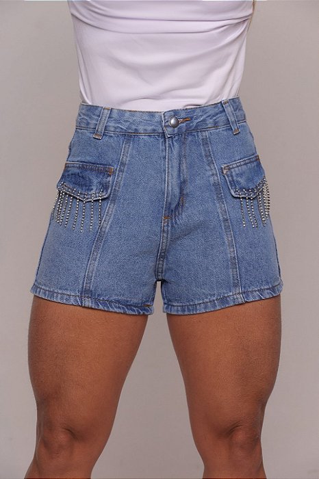 Short Jeans Feminino Mademoiselle Cintura Alta Casual com Strass e Franjas de Brilho Na Lapela e Barra dobrada