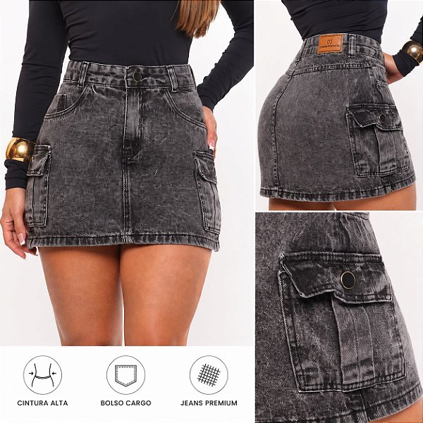 Saia Jeans Cargo Mademoiselle Moda Cintura Alta Com Bolso Lateral Casual Em Varias Lavagens