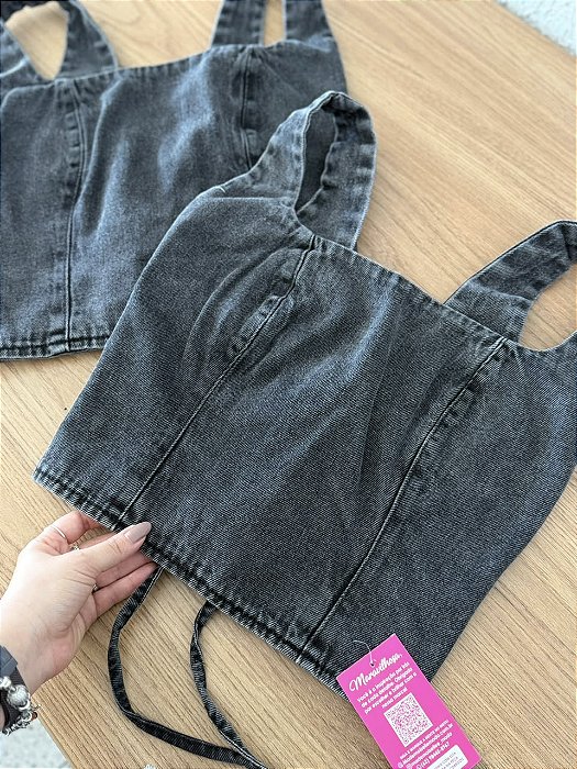 Cropped Jeans Feminino com Amarração nas Costas Lavagem Estonada - Sem Elastano