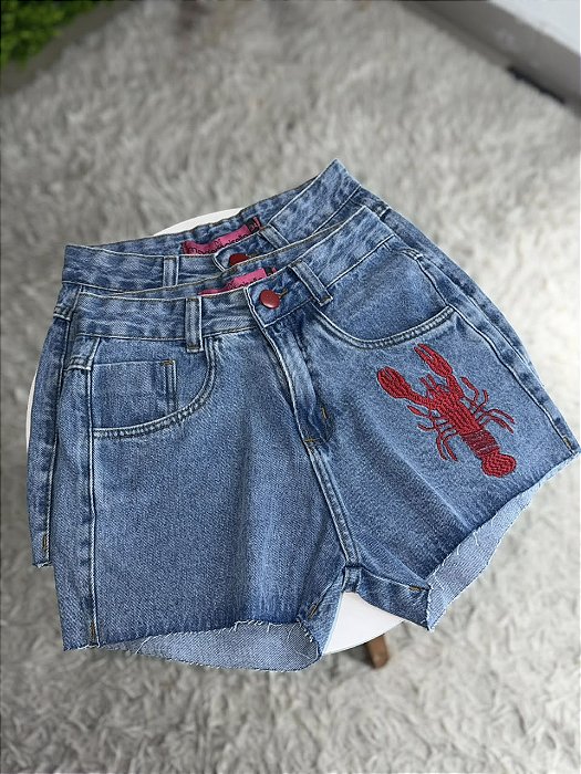Short Jeans Feminino Cintura Alta Bordado Lagosta Praia Marmorizado Sem Elastano | Moda Verão