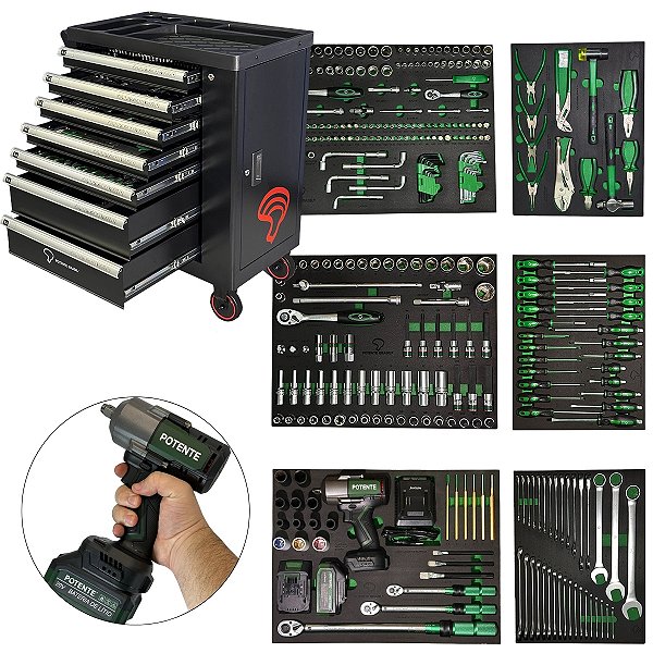 Carro Carrinho de Ferramentas Completo Potente Brasil 306 Peças C/ Chave de Impacto 900 N.M