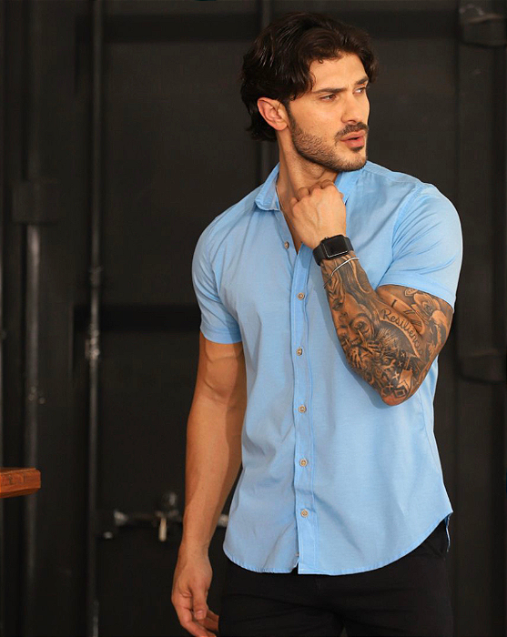Camisa Social Manga  Curta Azul Claro