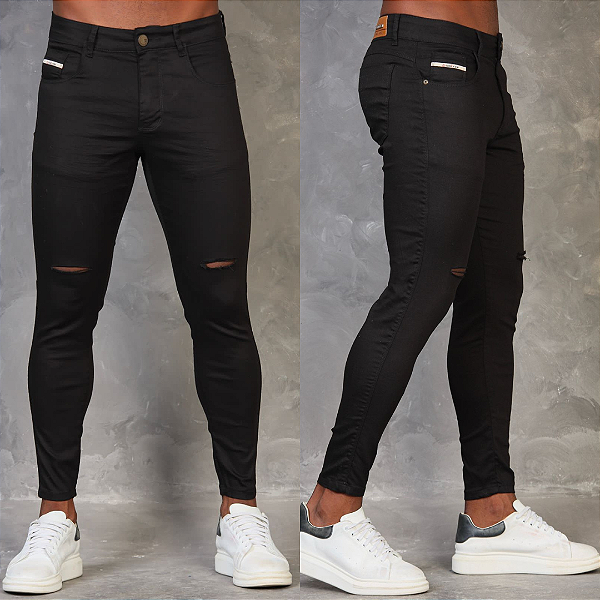 Calça Jeans Skinny Preta Rasgos No Joelho