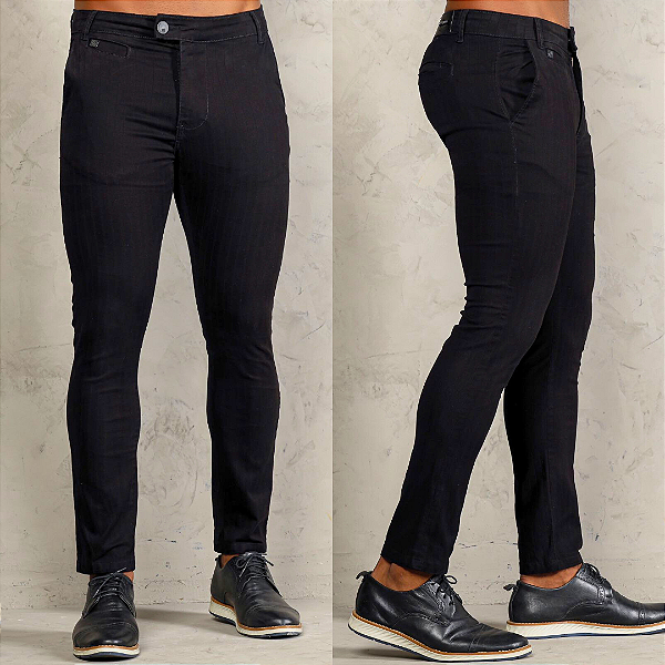 Calça Alfaiataria  Preto Slim Com Risca De Giz